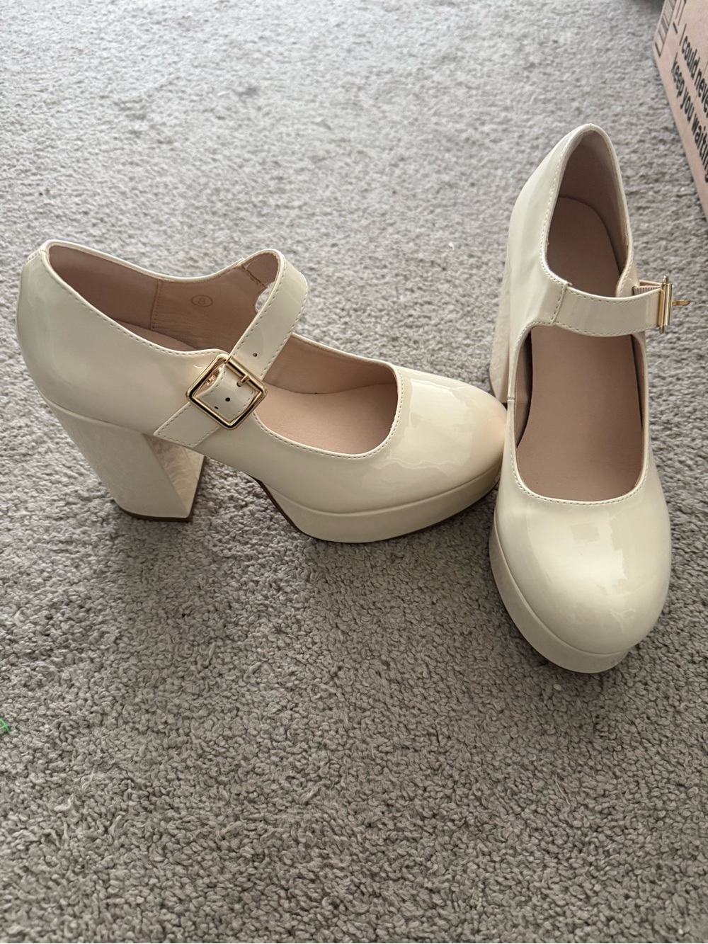 Patent Mary Jane Block Heel Pumps in Cream